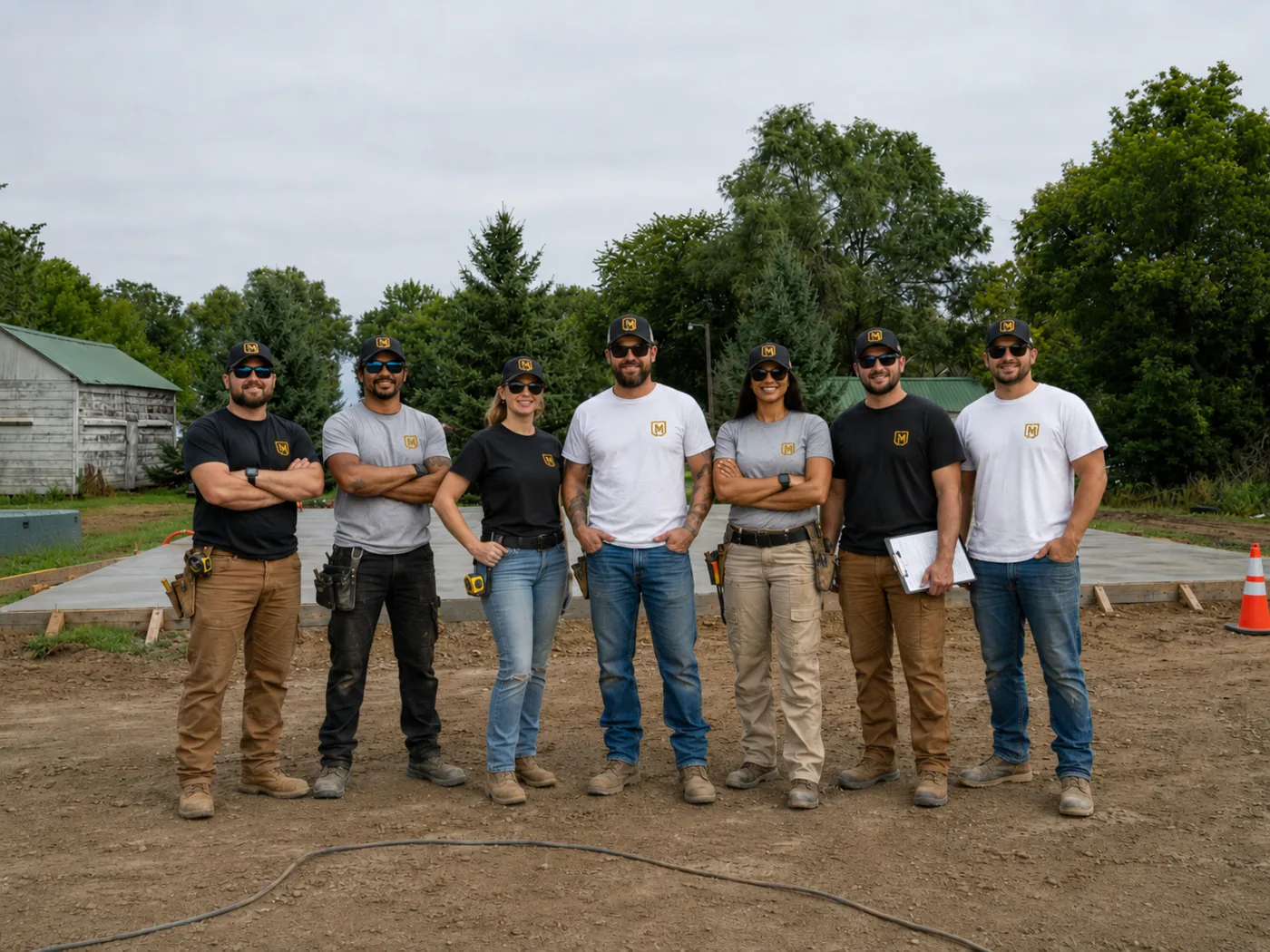 The Dan Moderow LLC crew on site beside a finished concrete slab.